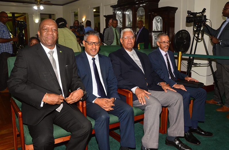 Trinidad and Tobago’s Minister of Agriculture, Land and Fisheries Clarence Rambharat (second left) shares the company of Minister of State Joseph Harmon (first left); Minister of Agriculture Noel Holder (second right) and Minister of Business Dominic Gaskin at the signing of the Memorandum of Understanding on Energy Sector Cooperation on Wednesday at State House (Adrian Narine photo)
