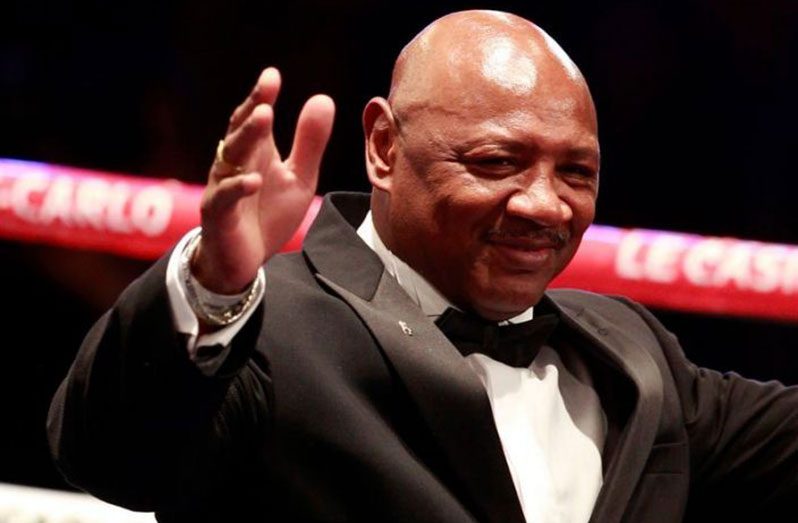 Former boxing world champion Hagler waves before a WBA Middleweight World Championship match between Golovkin of Kazakhstan and Ishida of Japan in Monte Carlo