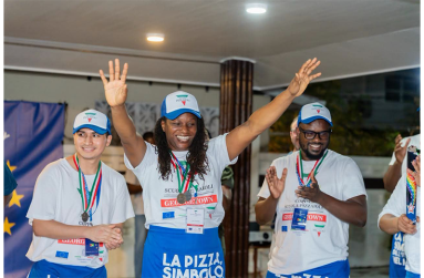 Lisa Hamilton celebrates her win at the EU-Guyana Cup Pizza Making Competition