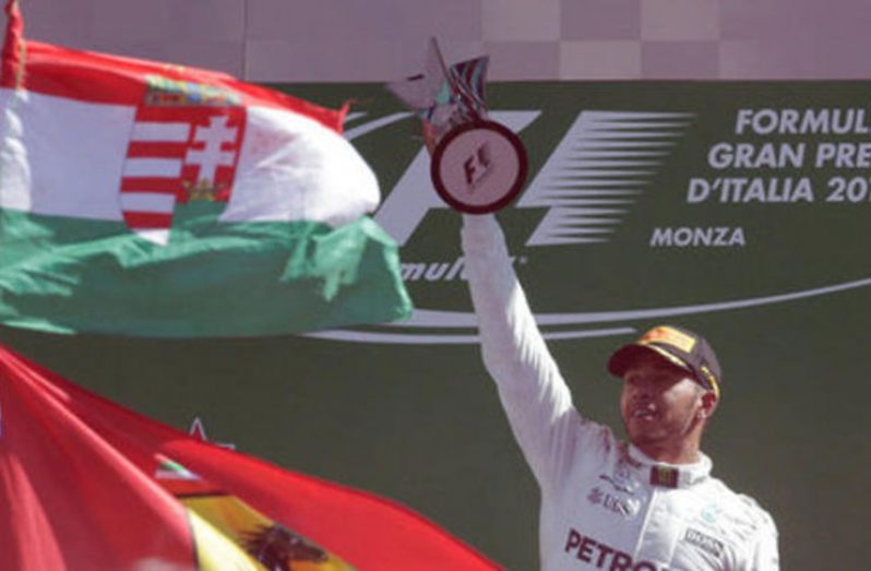 Mercedes' Lewis Hamilton celebrates on the podium REUTERS/Max Rossi