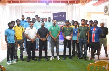 Representatives of the tournament officials and competing teams at the official launch of the 4th ExxonMobil Futsal Championship.