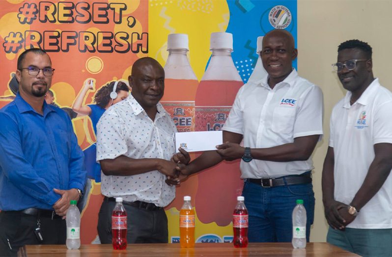 Clayton McKenzie, Brand Manager for  I-CEE soft drinks (third from left) handed over the sponsorship to Petra’s Troy Peters (second from left) in the presence of the MoE’s Nicholas Frazer