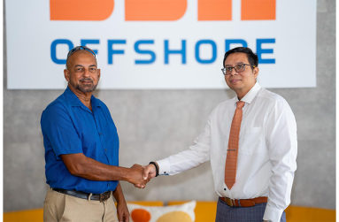 Lusignan Golf Club Captain Ayube Subhan (left), shares a handshake with Country General Manager of SBM Offshore Guyana, Martin Cheong, ahead of the upcoming SBM Offshore golf tournament
