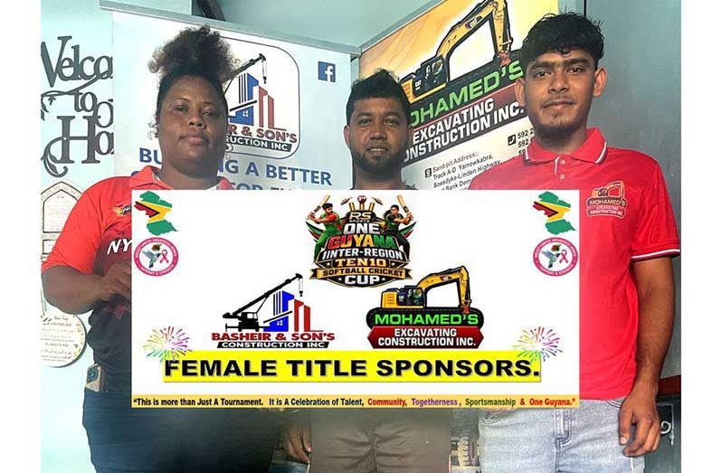 Ms. Akaze Thompson of RS Sports receiving sponsorship from representatives of Bashier and Sons Construction Inc., Mr. Farzan Persaud, and Mr. Ashad Mohamed of Mohamed’s Excavating Construction Inc.