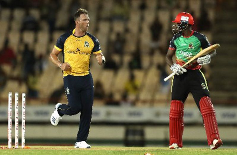 Hardus Viljoen celebrates, after dismissing Shamarh Brooks in Tuesday’s night win over St Kitts and Nevis Patriots. (Photo courtesy CPL)