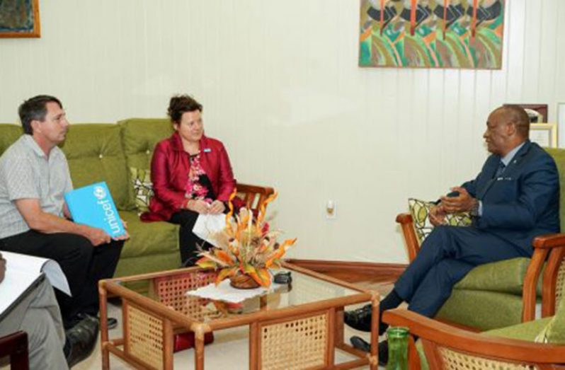 Minister of State, Mr. Joseph Harmon (right) makes a point to United Nations Children’s Fund (UNICEF) Representative to Guyana, Ms. Sylvie Fouet and United Nations Children’s Fund, Emergency Specialist, Mr. Ian Jones, during a discussion on the Climate Landscape Analysis for Children today