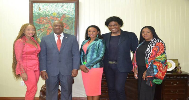 From left: Guyanese fashion designer, Sonia Noel; Minister of State, Joseph Harmon; O2N founder, Nicole Dyer; Caribbean fashion guru Richard Young; and Vanda Neale Gardener