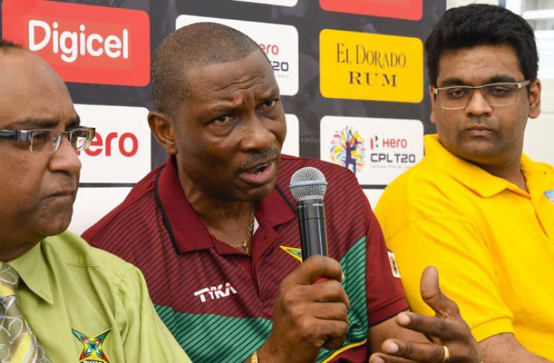 Guyana Amazon Warriors Head Coach,Roger Harper making a point during Friday’s Player Draft.