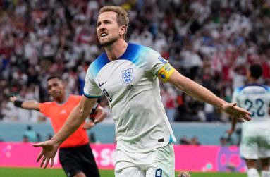 Harry Kane celebrates scoring England’s second gold against Senegal.