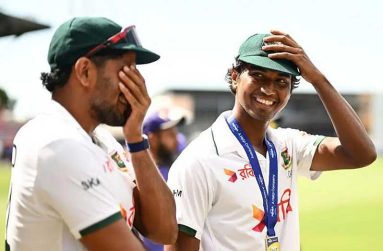 Hasan Mahmud (right) was named player of the match after taking nine wickets in the opening Test.
