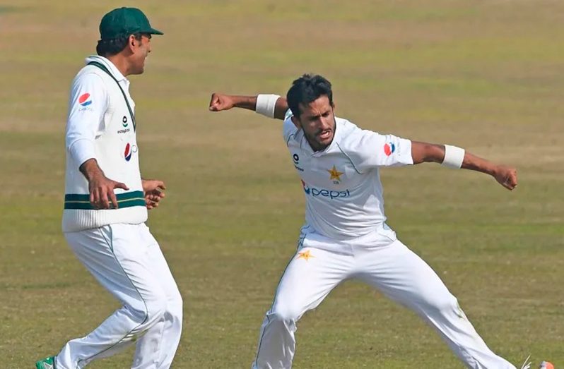 Hasan Ali struck with his very first over of the Test match.  (AFP via Getty Image)