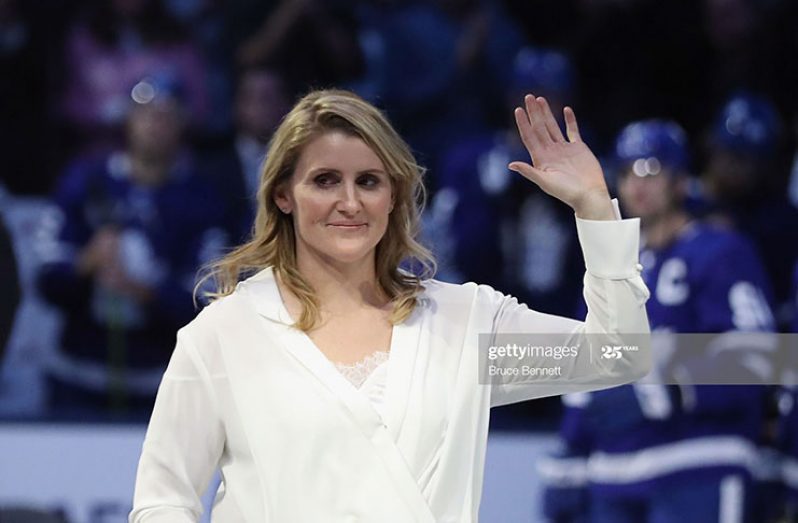 Hayley Wickenheiser is honoured on her induction to the Hockey Hall of Fame prior to the game between the Toronto Maple Leafs and the Boston Bruins at the Scotiabank Arena on November 15, 2019 in Toronto, Ontario, Canada. (Photo by Bruce Bennett/Getty Images)