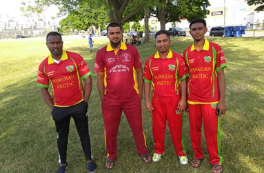 Debutant Waqar Hassan (extreme right) poses with (from right) Damodar Daesrath, Riaz Kadir and Azib Ali Hanif.