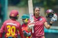 Hayley Matthews celebrates her blistering 118 from 112 balls