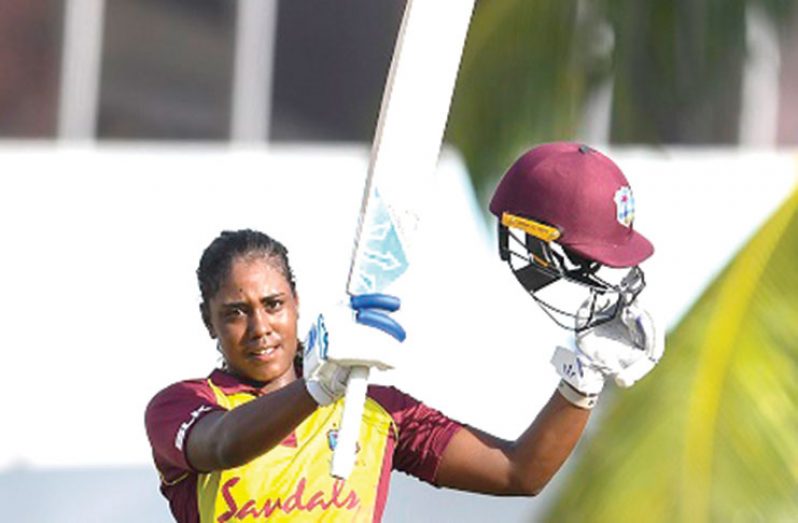 Hayley Matthews celebrates after scoring her maiden T20 International century.