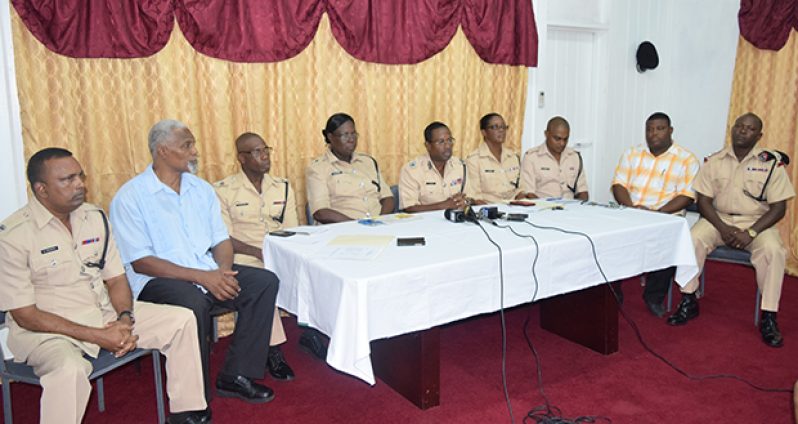 From left to right: Acting Traffic Chief, Superintendent Boodnarine Persaud; Police Public Relations Officer, Ivelaw Whittaker ;Senior Superintendent Whitney Bacchus ( second in command at “Operations);Senior Superintendent Maxine Graham (General Office); Divisional Commander, Assistant Commissioner Clifton Hicken; Deputy Director of Police Music and Culture, Charmaine Stuart; Superintendent of IT training, Shivpersaud Bacchus; Officer in Charge of the Mounted Branch, ASP Rockwell Delph and TSU rank ASP Brian Lowenfield.