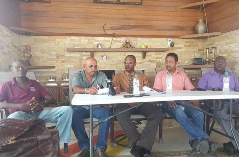 From L-R, Guyana NRA veteran rifleman and multiple-time Caribbean Champion Ransford Goodluck, NRA Fullbore captain Mahendra Persaud, Honorary secretary Ryan Sampson, vice-captain Dylan Fields and former Caribbean Champion Lennox Brathwaite. (Stephan Sookram photo)