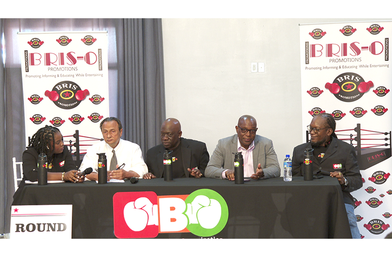 (L-R) Bris-O-Promotions official sits with Guyana Boxing Board of Control (GBBC) President  Peter Abdool, Caribbean Boxing Organisation & Bris-O Promotions Chief Executive Officer (CEO) Seon Bristol, Guyana Boxing Association (GBA) Head Steve Ninvalle and CBO Executive Dexter Patterson.