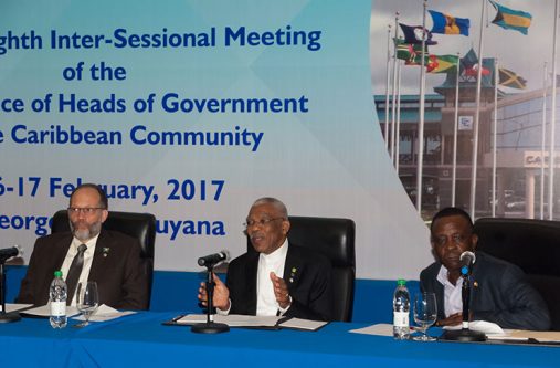 (L-R) Caricom Secretary General, Irwin LaRocque; Caricom Chairman, President David Granger; and incoming Caricom Chairman, Grenada ‘s Prime Minister Keith Mitchell, at Friday’s press conference following the conclusion of the 28 Inter-sessional Meeting of the Conference of Heads of Government of CARICOM
