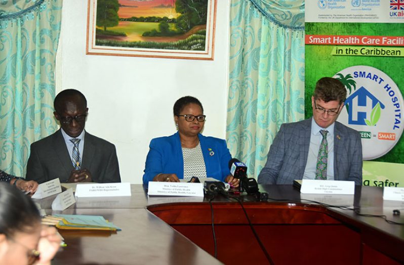 PAHO/WHO Representative, Dr William Adu-Krow; Public Health Minister Volda Lawrence and British High Commissioner Greg Quinn, during the launch on Friday (Adrian Narine photo)