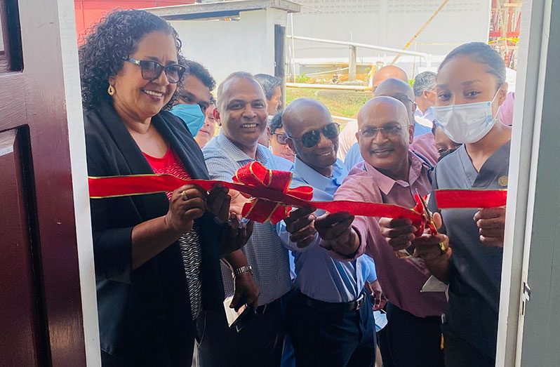 Minister of Health, Dr Frank Anthony (second from left), Regional Chairperson, Vilma De Silva (left) and other officials commission the dialysis centre at the Suddie Public Hospital.