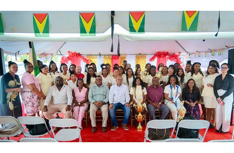 Minister of Health, Dr Frank Anthony (seated at centre), flanked by officials and the forty-one newly trained Community Health Workers (CHWs) that graduated in Region 10