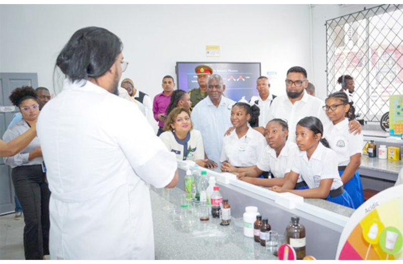 President Dr Mohamed Irfaan Ali and students during the Christ Church Secondary School commissioning