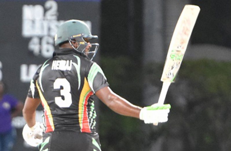 Opener Chandrapaul Hemraj celebrates his half-century against Scorpions on Friday night. (Photo courtesy CWI Media)
