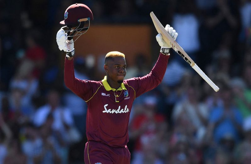 Shimron Hetmyer celebrates his fourth ODI hundred (©Getty Images)