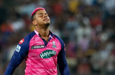 West Indies left-hander Shimron Hetmyer reacts after being dismissed yesterday. (Photo courtesy IPL)