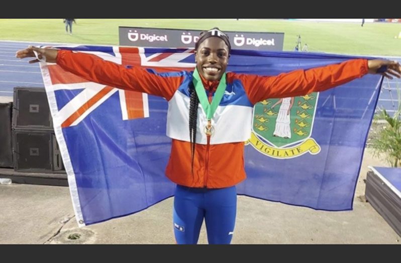 BVI ‘s Adaejah Hodge celebrates her gold in the 200 metres on Monday’s final day of the recent CARIFTA games
