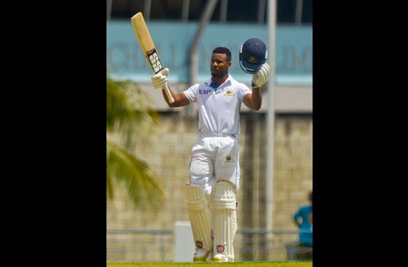 Shai Hope celebrates his double-century against Guyana Jaguars at Kensington Oval yesterday. (Photo courtesy WICB Media)