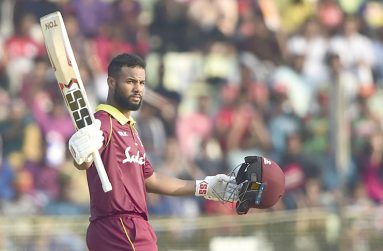 Shai Hope raises his bat after a hundred, v Bangladesh, 3rd ODI, Sylhet, yesterday.