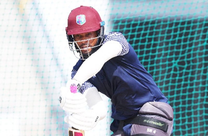 West Indies captain Shai Hope bats in the nets at Kensington Oval on Friday.