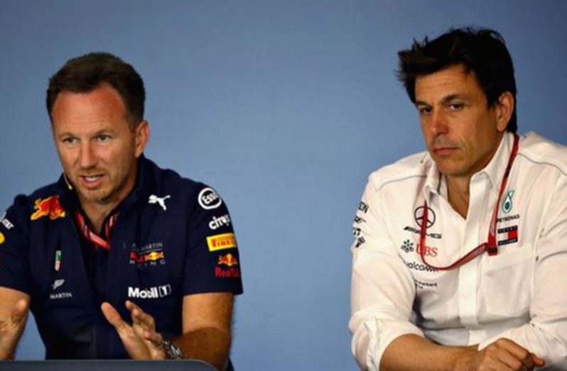 Red Bull team principal Christian Horner (left) and Mercedes F1 boss Toto Wolff