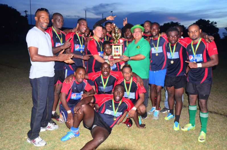 The Victorious Hornets Rugby Club after winning the GRFU 10’s Rugby Tournament yesterday (Adrian Narine photo).