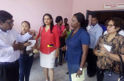 CEO of the Linden Hospital Complex, Dr Farouk Riyasat, in discussion with Parliamentary Sectoral Committee Chairman, Dr Vindhya Persaud (centre) and member Minister within the Ministry of Indigenous People’s Affairs, Ms Valerie Garrido-Lowe (left) and two staff members of the National Assembly