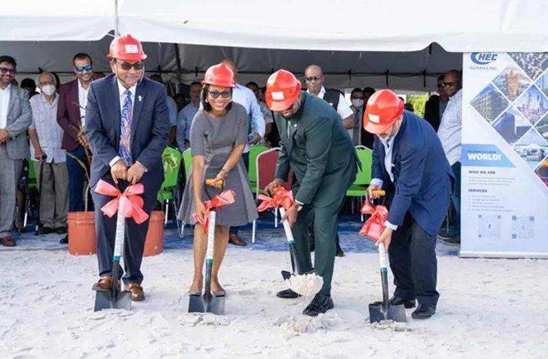 FLASHBACK: Minister of Tourism, Industry and Commerce, Oneidge Walrond and President Dr. Mohamed Irfaan Ali participate in the sod turning for the AC Marriot Hotel at Ogle