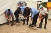 At Thursday’s sod-turning exercise in Section ‘C’ Turkeyen, ahead of the construction of the multi-purpose facility there. From left are, Permanent Secretary in the Ministry of Housing and Water, Mr. Andre Ally; Ms. Susan Rodrigues, Minister within The Ministry of Housing and Water; Mr. Collin Croal, Minister of Housing and Water; CEO of the Central Housing and Planning Authority, Mr. Sherwyn Greaves; and a representative of the contractor, Doodnauth Construction and Supplies