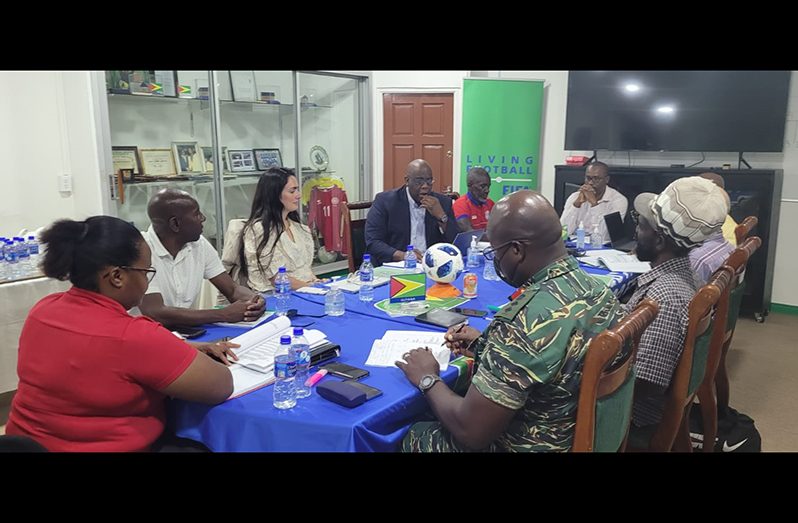 FIFA Member Association Manager, Sofia Malizia and One CONCACAF Manager Howard McIntosh meeting with the GFF newly-formed Statutes Revision Committee