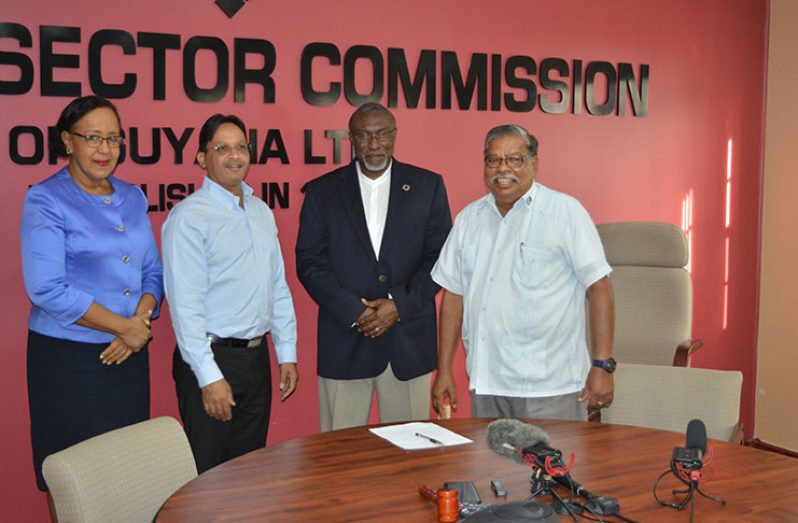 (From left) Elizabeth Alleyne, Executive Director PSC; Edward Anand Beharry, Chairman of the Beharry Group of Companies; Desmond Sears, Vice-Chair of the PSC and Colonel (retired), Chabilall Ramsarup, Director-General of the CDC, after the discussions. (Rabindra Rooplall Photo)