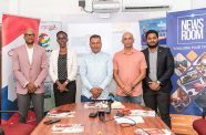 From Left: Board member of the GMSA, Orson Ferguson; Suriname Ambassador to Guyana, Liselle Blankendal; Chief Investment Officer at Go-Invest, Dr Peter Ramsaroop; Chairman of the Suriname-Guyana Chamber Dr Vishnu Doerga and CEO of the Suriname-Guyana Chamber, Rahul Lildhar, during the media briefing on Tuesday (Delano Williams photo)