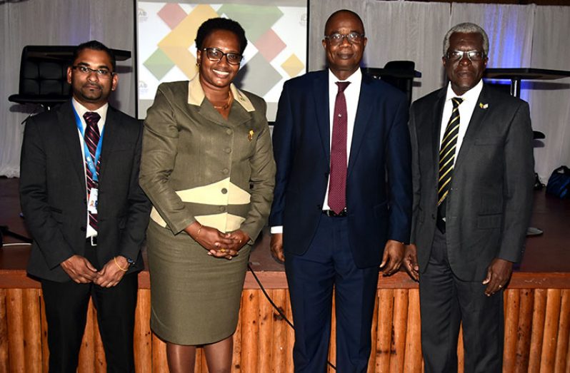 At Monday’s launch of the proposed ICAO Air Transport Conference billed for Guyana November 19 -23. Standing from left are: GCAA Director of Air Transport, Saheed Sulaman; Minister within the Ministry of Public Infrastructure, Annette Ferguson; ICAO’s Peter Alawani; and GCAA Director General, Egbert Field (Photo by Adrian Narine)