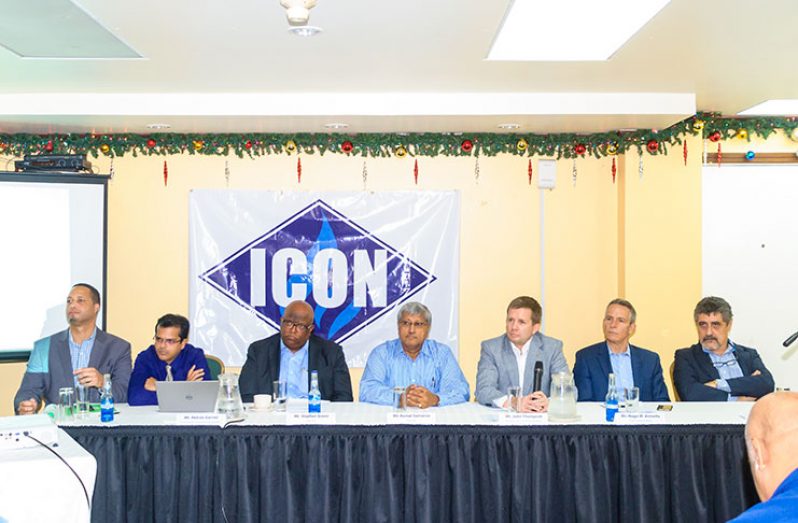 At Wednesday’s launch of the pilot LNG  project. Seated from left are: CEO of Go-Invest, Owen Verwey; CEO of the Guyana Energy Agency (GEA), Mahender Sharma; Chairman of ICON LNG, Stephen Scoon; Chairman of Demerara Distillers Limited, Komal Samaroo; President and Chief Financial Officer of ICON LNG, John Thompson; Chief Technical Officer of ICON LNG, Hugo Armella; and Vice-President of Commercial Development at ICON LNG, Nelson Garcez