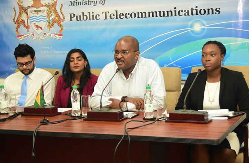 Members of the head table at the press launching of the Caribbean Information and Communication Technology (ICT) Roadshow 2018 on Wednesday at the Ministry of Public Telecommunication (MoPT). 
Seated from left are: MoPT's Senior Business Analyst, Kevin Roopchand; Digicel Head of Business Sales, Nalini Vieira; MoPT's Ministerial Adviser on ICT, Lance Hinds and MoPT's Outreach Coordinator Donnella Collison (Adrian Narine photo)