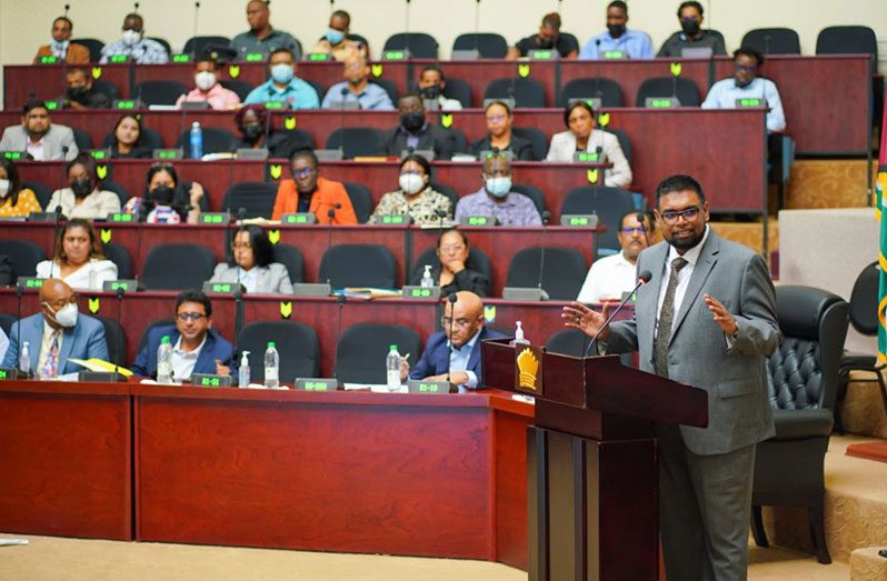 President, Dr. Irfaan Ali, speaks during the first meeting of Guyana's Information and Communication (ICT) Master Plan 2030 "Discovery kick-off," at the Arthur Chung Conference Centre (Office of the President photo)