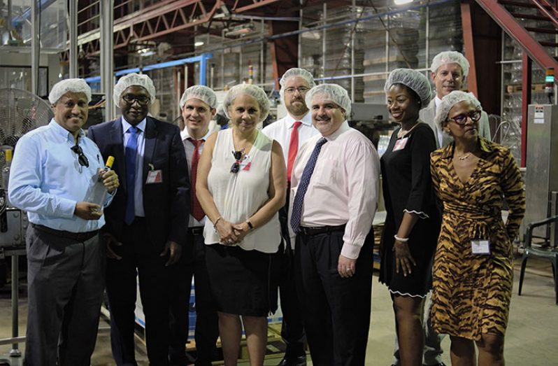 IDB Representative in Guyana Sophie Makonnen [fourth from left] and DDL Chairman Komal Samaroo [left] share a light moment with the visiting IDB delegation at the DDL complex