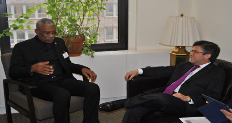 President David Granger gestures during a meeting yesterday with IDB President Luis Alberto Moreno, in New York
