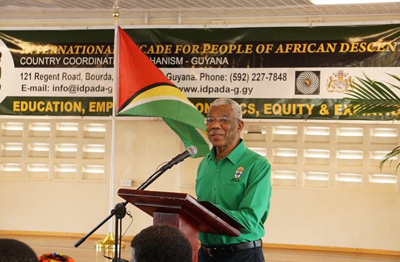 President David Granger addresses members of the International Decade for People of African Descent Assembly- Guyana (IDPADA-G) on Sunday (Carl Croker photo)
