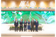 Manuel Otero, IICA Director-General Emeritus; Alejandro Solano, Deputy Minister of Multilateral Affairs at the Ministry of Foreign Affairs and Worship of Costa Rica; Zulfikar Mustapha, Minister of Agriculture of Guyana; Mary Munive Angermüller, Vice-President of Costa Rica; Muhammad Ibrahim, Director General of IICA; and Cleber Soares, Deputy Minister of Agriculture and Livestock of Brazil